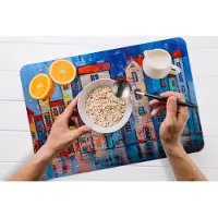 KitchenYeah Placemat - Placemats kunststof - Schilderij - Olieverf - Huis - Water - 45x30 cm - 6 stuks - Hittebestendig - Anti-Slip - Onderlegger - Afneembaar