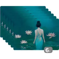 KitchenYeah Placemat - Placemats kunststof - Vrouw - Portret - Water - Bloemen - Lelie - 45x30 cm - 6 stuks - Hittebestendig - Anti-Slip - Onderlegger - Afneembaar
