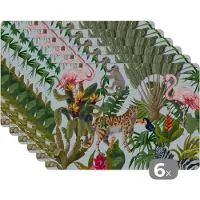 KitchenYeah Placemat - Placemats kunststof - Jungle - Dieren - Meisjes - Kinderen - Jongens - Flamingo - Papegaai - 45x30 cm - 6 stuks - Hittebestendig - Anti-Slip - Onderlegger - Afneembaar