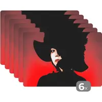 KitchenYeah Placemat - Placemats kunststof - Rood - Vrouw - Zwart - Portret - 45x30 cm - 6 stuks - Hittebestendig - Anti-Slip - Onderlegger - Afneembaar