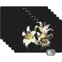 KitchenYeah Placemat - Placemats kunststof - Lelie - Bloemen - Wit - Natuur - Botanisch - 45x30 cm - 6 stuks - Hittebestendig - Anti-Slip - Onderlegger - Afneembaar