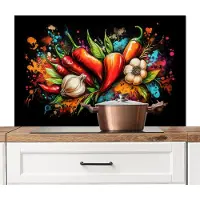 KitchenYeah Spatscherm keuken 100x65 cm - Kookplaat achterwand Groente - Peper - Knoflook - Graffiti - Verf - Kleurrijk - Muurbeschermer - Spatwand fornuis - Hoogwaardig aluminium