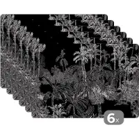 KitchenYeah Placemats - Jungle - Tropical - Palm - Natuur - Zwart- Wit - Onderlegger - Eettafel - 45x30 cm - 6 stuks
