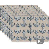 KitchenYeah Placemat - Placemats kunststof - Vintage - Anker - Strand - Zee - Patronen - 45x30 cm - 6 stuks - Hittebestendig - Anti-Slip - Onderlegger - Afneembaar