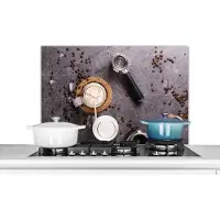 KitchenYeah Spatscherm keuken 80x55 cm - Kookplaat achterwand Melk - Koffiebonen - Keuken - Koffiefilter - Muurbeschermer - Spatwand fornuis - Hoogwaardig aluminium