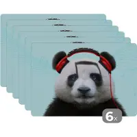 KitchenYeah Placemat - Placemats kunststof - Panda - Koptelefoon - Dier - Muzieknoten - Rood - 45x30 cm - 6 stuks - Hittebestendig - Anti-Slip - Onderlegger - Afneembaar