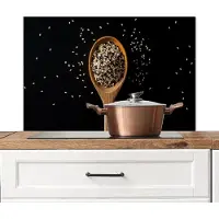 KitchenYeah Spatscherm keuken 80x55 cm - Kookplaat achterwand Sesam - Lepel - Zwart - Muurbeschermer - Spatwand fornuis - Hoogwaardig aluminium
