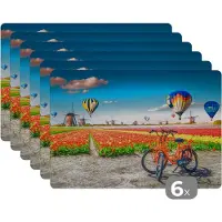 KitchenYeah Placemat - Placemats kunststof - Luchtballon - Oranje - Tulpen - 45x30 cm - 6 stuks - Hittebestendig - Anti-Slip - Onderlegger - Afneembaar