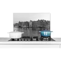 KitchenYeah Spatscherm keuken 60x40 cm - Kookplaat achterwand Amsterdamse grachtenpanden - Zwart - Wit - Muurbeschermer - Spatwand fornuis - Hoogwaardig aluminium