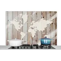 KitchenYeah Spatscherm keuken 120x80 cm - Kookplaat achterwand Wereldkaart - Hout - Simpel - Muurbeschermer - Spatwand fornuis - Hoogwaardig aluminium