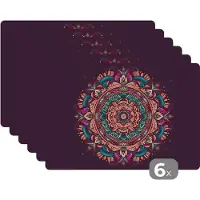 KitchenYeah Placemat - Placemats kunststof - Mandala - Bloemen - Hippie - Boho - Oranje - 45x30 cm - 6 stuks - Hittebestendig - Anti-Slip - Onderlegger - Afneembaar
