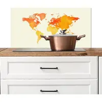 KitchenYeah Spatscherm keuken 80x40 cm - Kookplaat achterwand Wereldkaart - Oranje - Kleurrijk - Muurbeschermer - Spatwand fornuis - Hoogwaardig aluminium