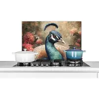 KitchenYeah Spatscherm keuken 70x50 cm - Kookplaat achterwand Pauw - Vogel - Bloemen - Planten - Pauwenveren - Muurbeschermer - Spatwand fornuis - Hoogwaardig aluminium
