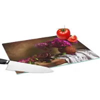 KitchenYeah Glazen Snijplank - 39x28 - Rustiek - Bloemen - Roze - Vaas - Stilleven - Snijplanken Glas