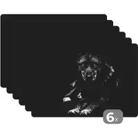 KitchenYeah Placemat - Placemats kunststof - Dieren - Wolf - Zwart - Wit - Portret - 45x30 cm - 6 stuks - Hittebestendig - Anti-Slip - Onderlegger - Afneembaar