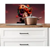 KitchenYeah Spatscherm keuken 80x40 cm - Kookplaat achterwand Vrouw - Donuts - Kleurrijk - Muurbeschermer - Spatwand fornuis - Hoogwaardig aluminium