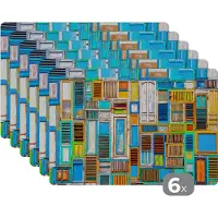 KitchenYeah Placemat - Placemats kunststof - Deuren - Blauw - Abstract - Architectuur - Neon - 45x30 cm - 6 stuks - Hittebestendig - Anti-Slip - Onderlegger - Afneembaar
