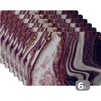 KitchenYeah Placemat - Placemats kunststof - Marmer - Roze - Goud - Glitter - Marmerlook - 45x30 cm - 6 stuks - Hittebestendig - Anti-Slip - Onderlegger - Afneembaar