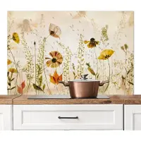 KitchenYeah Spatscherm keuken 120x80 cm - Kookplaat achterwand Illustratie - Planten - Insecten - Beige - Muurbeschermer - Spatwand fornuis - Hoogwaardig aluminium