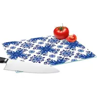 KitchenYeah Glazen Snijplank - 28x20 - Tegel - Bloem - Blauw - Patroon - Snijplanken Glas