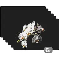 KitchenYeah Placemat - Placemats kunststof - Orchidee - Bloemen - Wit - Natuur - Zwart - 45x30 cm - 6 stuks - Hittebestendig - Anti-Slip - Onderlegger - Afneembaar