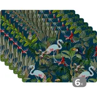 KitchenYeah Placemat - Placemats kunststof - Jungledieren - Patroon - Kinderen - Flamingo - Papegaai - Kids - 45x30 cm - 6 stuks - Hittebestendig - Anti-Slip - Onderlegger - Afneembaar