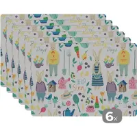 KitchenYeah Placemat - Placemats kunststof - Patronen - Konijn - Lente - Tuin - 45x30 cm - 6 stuks - Hittebestendig - Anti-Slip - Onderlegger - Afneembaar