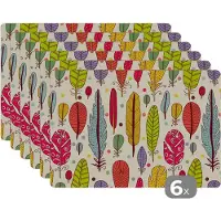 KitchenYeah Placemat - Placemats kunststof - Patroon - Veren - Kleuren - Jongens - Kinderen - Kids - Kind - 45x30 cm - 6 stuks - Hittebestendig - Anti-Slip - Onderlegger - Afneembaar