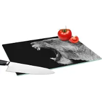 KitchenYeah Glazen Snijplank - 39x28 - Dieren - Leeuw - Zwart - Wit - Portret - Snijplanken Glas