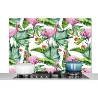 KitchenYeah - Spatscherm - Flamingo - Bladeren - Bloemen - Tropical - Jungle - Keuken achterwand - 120x80 cm - Muurbeschermer