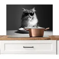 KitchenYeah Spatscherm keuken 80x55 cm - Kookplaat achterwand Langharige kat - Zonnebril - Spaghetti - Humor - Zwart - wit - Muurbeschermer - Spatwand fornuis - Hoogwaardig aluminium