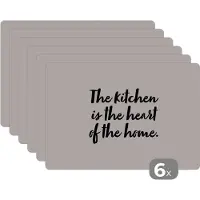 KitchenYeah Placemat - Placemats kunststof - Quotes - Koken - Spreuken - The kitchen is the heart of the home - Thuis - 45x30 cm - 6 stuks - Hittebestendig - Anti-Slip - Onderlegger - Afneembaar