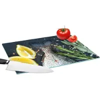 KitchenYeah Glazen Snijplank - 39x28 - Vis - Citroen - Kruiden - Snijplanken Glas