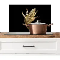 KitchenYeah Spatscherm keuken 60x40 cm - Kookplaat achterwand Mais - Eten - Goud - Zwart - Muurbeschermer - Spatwand fornuis - Hoogwaardig aluminium