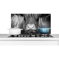 KitchenYeah Spatscherm keuken 90x45 cm - Kookplaat achterwand Schotse hooglander - Koe - Zwart - Wit - Dieren - Muurbeschermer - Spatwand fornuis - Hoogwaardig aluminium