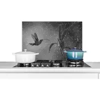 KitchenYeah Spatscherm keuken 60x40 cm - Kookplaat achterwand Kolibrie in de regen in de natuur van Costa Rica in zwart wit - Muurbeschermer - Spatwand fornuis - Hoogwaardig aluminium
