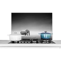 KitchenYeah Spatscherm keuken 80x55 cm - Kookplaat achterwand Olifant - Dieren - Landschap - Zwart wit - zebra - Muurbeschermer - Spatwand fornuis - Hoogwaardig aluminium