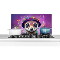 KitchenYeah Spatscherm keuken 90x45 cm - Kookplaat achterwand Meerkat - Bloemen - Verf - Paars - Portret - Stokstaartje - Muurbeschermer - Spatwand fornuis - Hoogwaardig aluminium