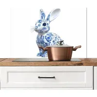 KitchenYeah Spatscherm keuken 80x55 cm - Kookplaat achterwand Delftsblauw - Haasje - Wit - Muurbeschermer - Spatwand fornuis - Hoogwaardig aluminium