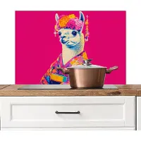 KitchenYeah Spatscherm keuken 90x60 cm - Kookplaat achterwand Lama - Kimono - Bloemenkrans - Felroze - Muurbeschermer - Spatwand fornuis - Hoogwaardig aluminium