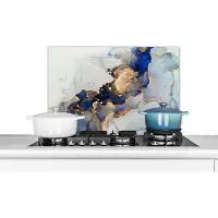 KitchenYeah Spatscherm - Spatwand - Blauw - Goud - Marmer print - Achterwand keuken - Natuursteen - Abstract - Keuken - 60x40 cm