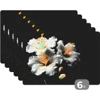 KitchenYeah Placemat - Placemats kunststof - Bloemen - Wit - Hibiscus - Natuur - Zwart - 45x30 cm - 6 stuks - Hittebestendig - Anti-Slip - Onderlegger - Afneembaar