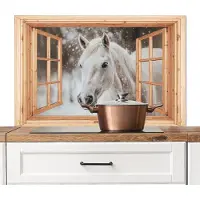 KitchenYeah Spatscherm keuken 100x65 cm - Kookplaat achterwand Doorkijk - Paard - Wit - Winter - Sneeuw - Dieren - Muurbeschermer - Spatwand fornuis - Hoogwaardig aluminium