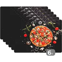 KitchenYeah Placemat - Placemats kunststof - Pizza - Groente - Kruiden - Keuken - 45x30 cm - 6 stuks - Hittebestendig - Anti-Slip - Onderlegger - Afneembaar