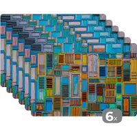 KitchenYeah Placemat - Placemats kunststof - Deuren - Blauw - Abstract - Architectuur - Neon - 45x30 cm - 6 stuks - Hittebestendig - Anti-Slip - Onderlegger - Afneembaar