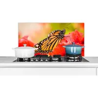 KitchenYeah Spatscherm keuken 90x45 cm - Kookplaat achterwand Bloemen - Vlinders - Monarch - Muurbeschermer - Spatwand fornuis - Hoogwaardig aluminium