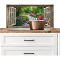 KitchenYeah Spatscherm keuken 90x45 cm - Kookplaat achterwand Doorkijk - Bloemen - Tuinpad - Natuur - Raam - Muurbeschermer - Spatwand fornuis - Hoogwaardig aluminium