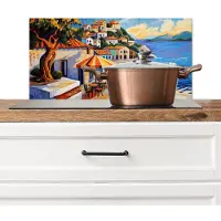 KitchenYeah Spatscherm keuken 60x30 cm - Kookplaat achterwand Kustdorp - Huisjes - Mozaïek - Zee - Muurbeschermer - Spatwand fornuis - Hoogwaardig aluminium
