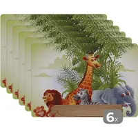 KitchenYeah Placemat - Placemats kunststof - Jungle dieren - Natuur - Planken - Kinderen - Giraffe - 45x30 cm - 6 stuks - Hittebestendig - Anti-Slip - Onderlegger - Afneembaar
