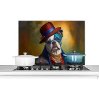 KitchenYeah Spatscherm keuken 80x55 cm - Kookplaat achterwand Hond - Portret - Kleding - Hoed - Abstract - Muurbeschermer - Spatwand fornuis - Hoogwaardig aluminium